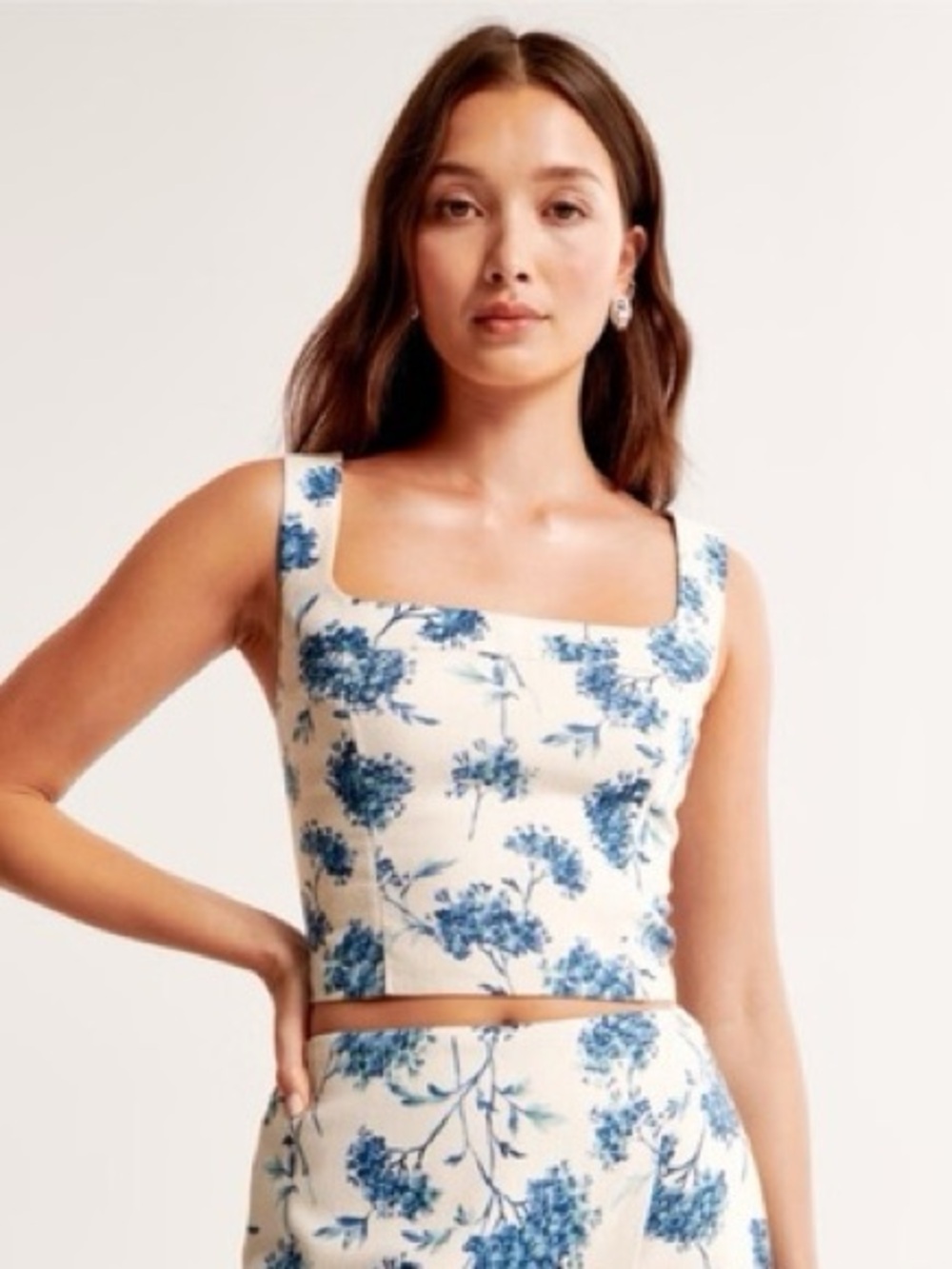 Abercrombie & Fitch White Floral Square-Neck Crop Top with Blue Print